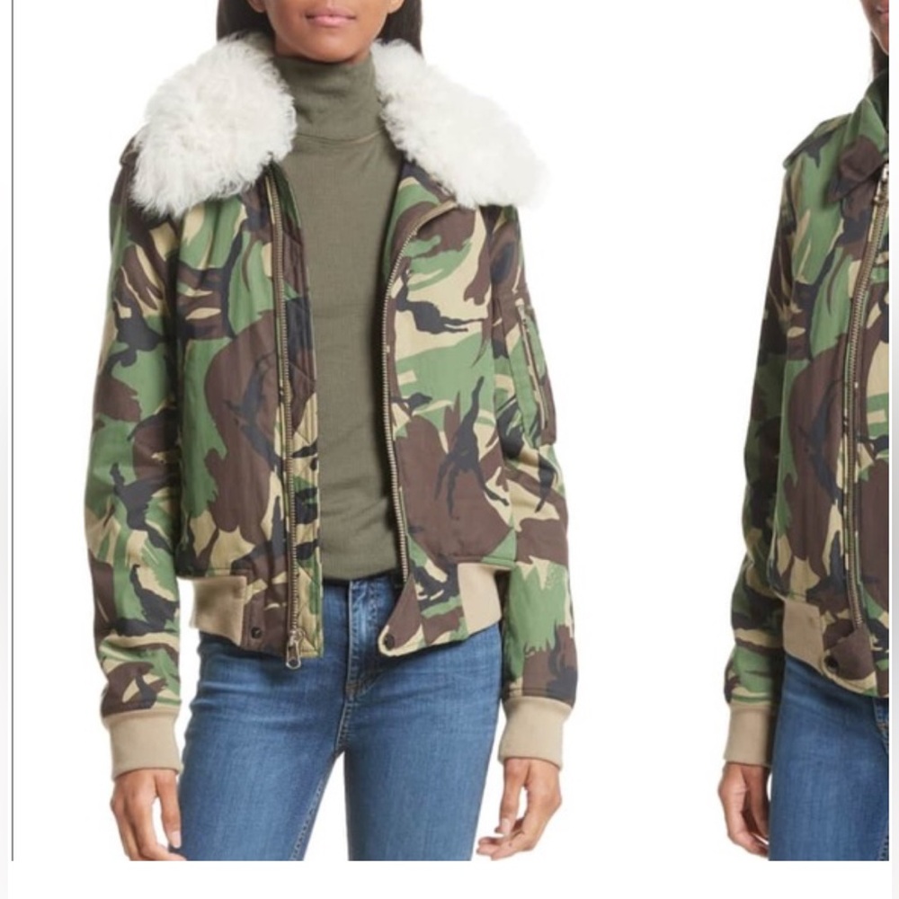 Size XXS - $795 RAG & BONE Bomber Flight Shearling Trimmed Collar Camo Jacket